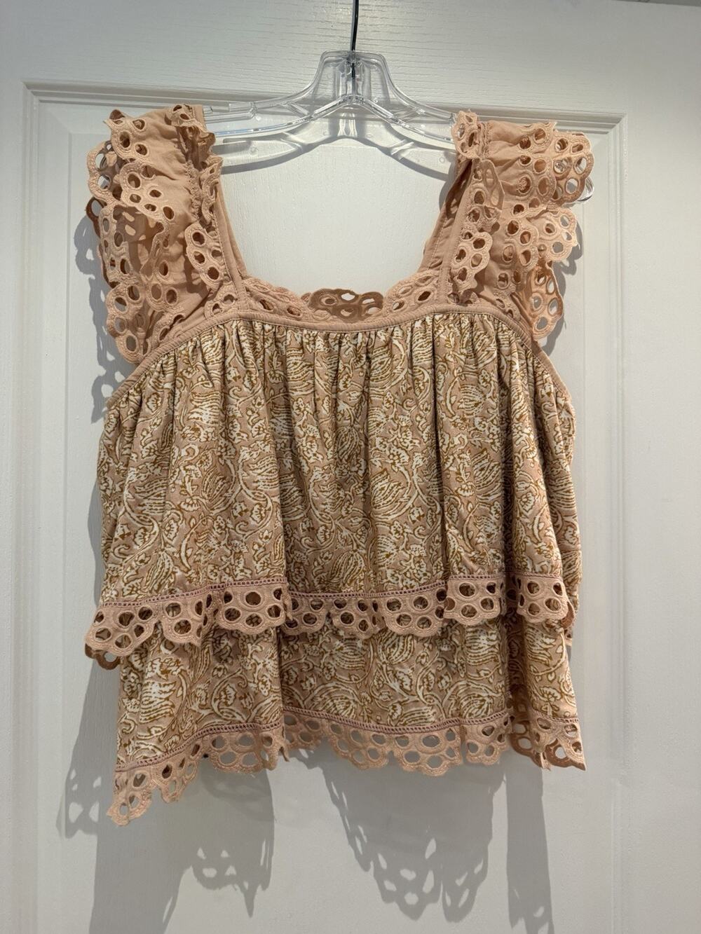 Let Me Be Anthropologie Eyelet Swing Top Size M Cotton Boho Paisley